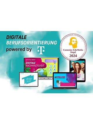 Ein buntes Visual zeigt die Worte „Digitale Berufsorientierung“ auf einem digitalen Untergrund, der an eine Wolke erinnert.