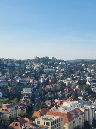 Das Schloss in Bratislava mit dem Schlossgarten bei blauem, wolkenlosem Himmel