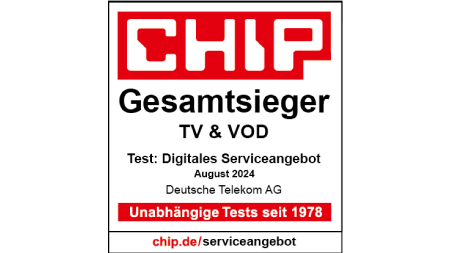 Testsiegel CHIP Gesamtsieger TV & VOD, Test: Digitales Serviceangebot, August 2024, Deutsche Telekom AG