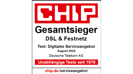 Testsiegel CHIP Gesamtsieger DSL & Festnetz, Test: Digitales Serviceangebot, August 2024, Deutsche Telekom AG