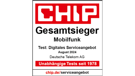 Testsiegel CHIP Gesamtsieger Mobilfunk, Test: Digitales Serviceangebot, August 2024, Deutsche Telekom AG