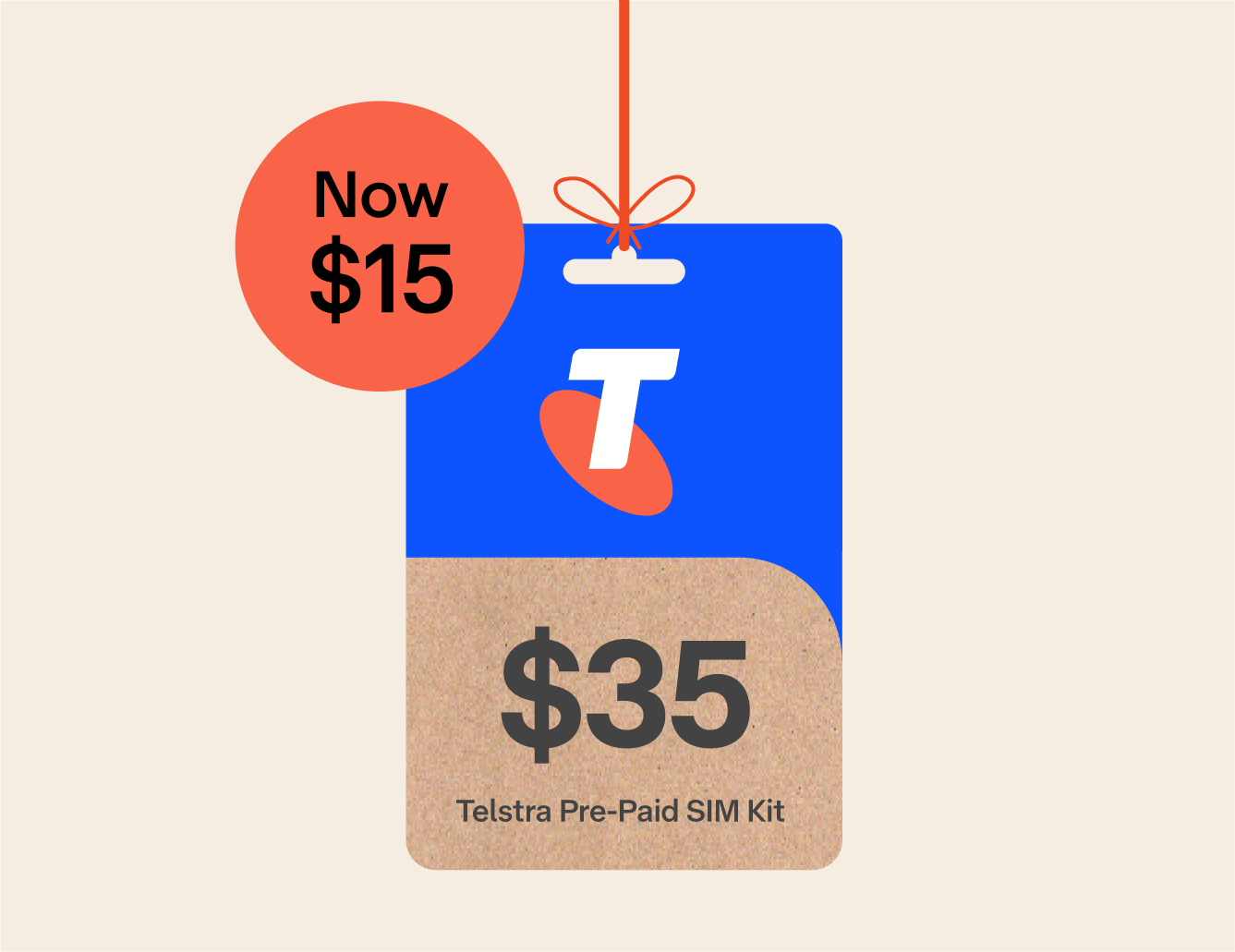 Graphic representation of a $35 Telstra Pre-Paid SIM. Text on image: Now $15. 
