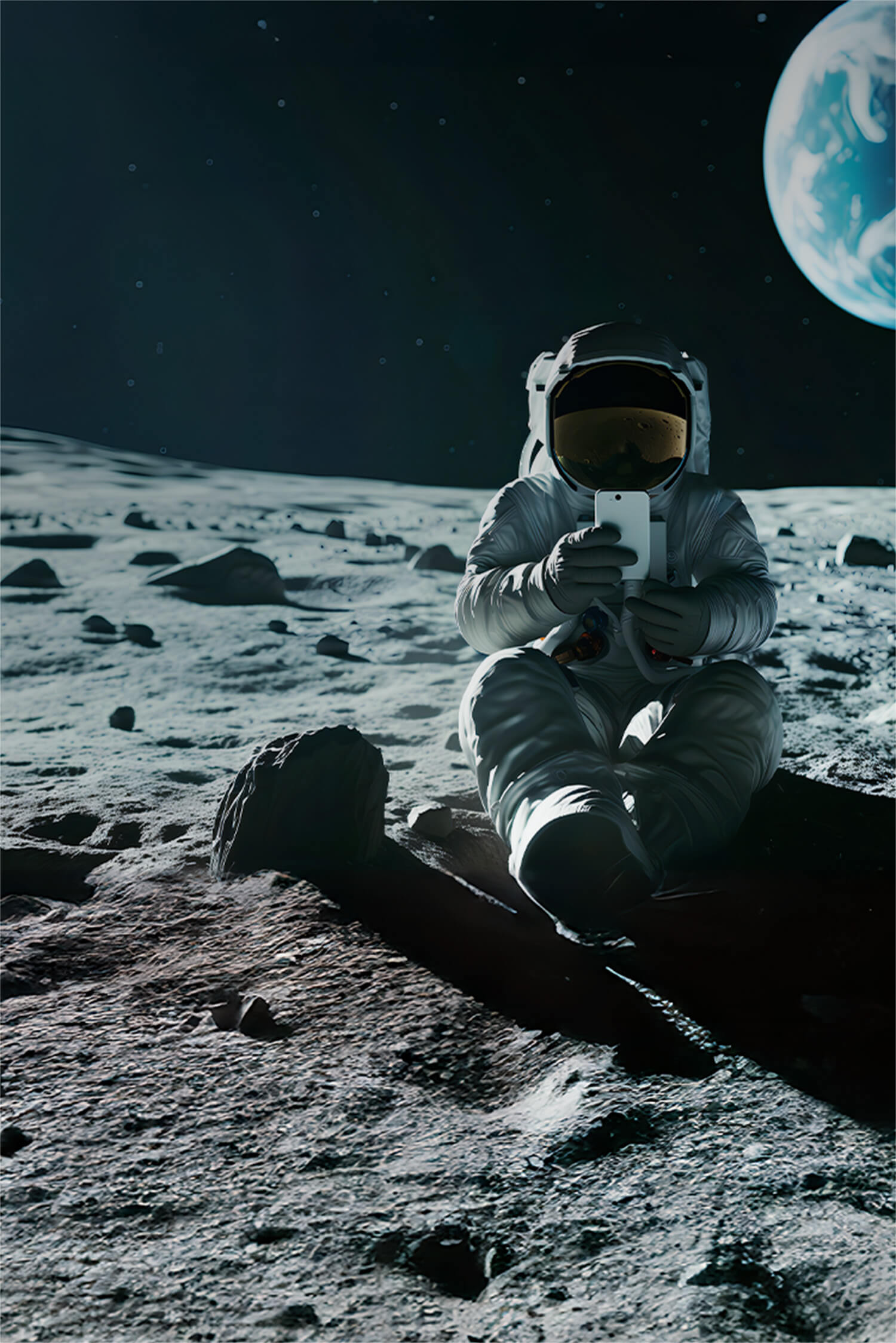 Astronaut sitzt im Raumanzug auf einem Stein auf dem Mond mit einem Smartphone in der Hand