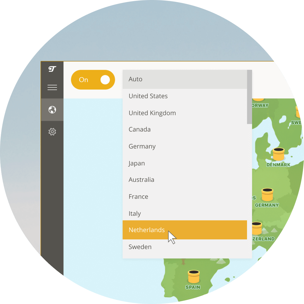 TunnelBear VPN App dropdown menu showing some server locations: United States of America, United Kingdom, Canada, Germany, Japan, Australia, France, Italy, Netherlands, Sweden