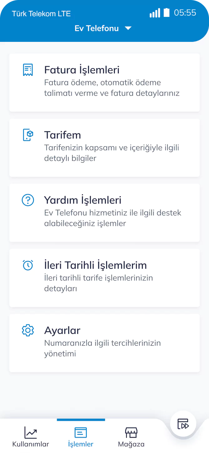 Telefon ekranında Türk Telekom uygulamasında işlemler ekran görüntüsü