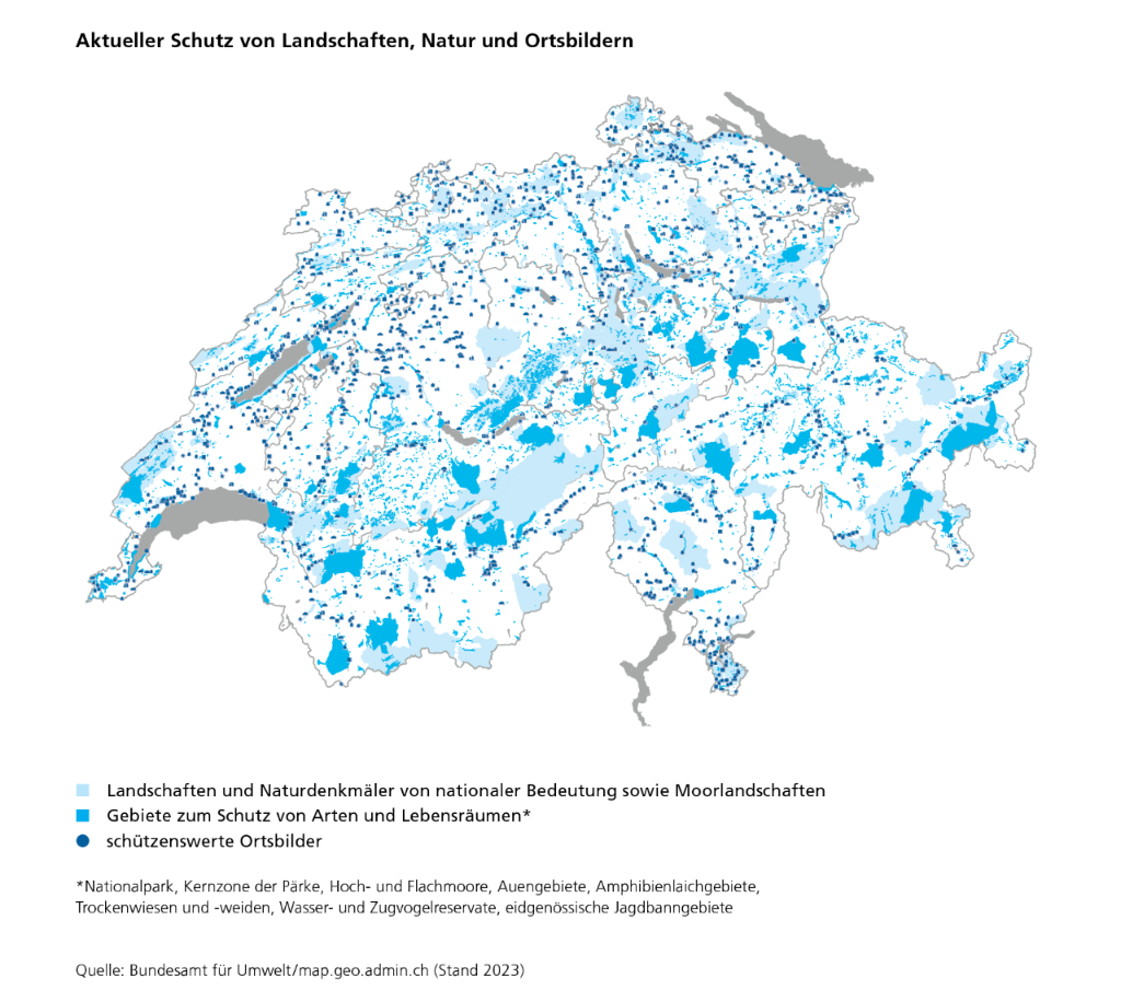 Die Grafik zeigt die Landschaften und Naturdenkmäler von nationaler Bedeutung, Moorlandschaften, Gebiete zum Schutz von Arten und Lebensräumen sowie schützenwerte Ortsbilder. Rund ein Viertel der Landesfläche ist heute von einem Inventar für die Natur oder für die Landschaft erfasst. Dazu kommen rund 1200 Objekte im Bundesinventar der schützenswerten Ortsbilder.