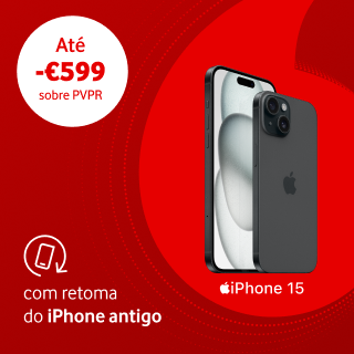 Imagem do iPhone 15 na cor cinzenta sobre um fundo vermelho