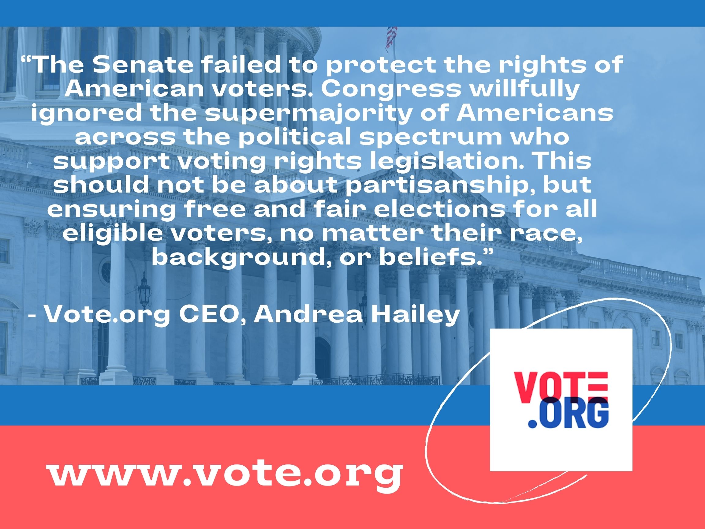 The Senate failed to protect the rights of American voters. Congress willfully ignored the supermajority of Americans across the political spectrum who support voting rights legislation. This should not be about partisanship, but ensuring free and fair elections for all eligible voters, no matter their race, background, or beliefs.