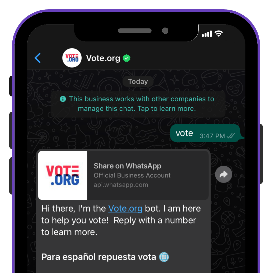 Mobile phone with a new message from the Vote.org WhatsApp Bot