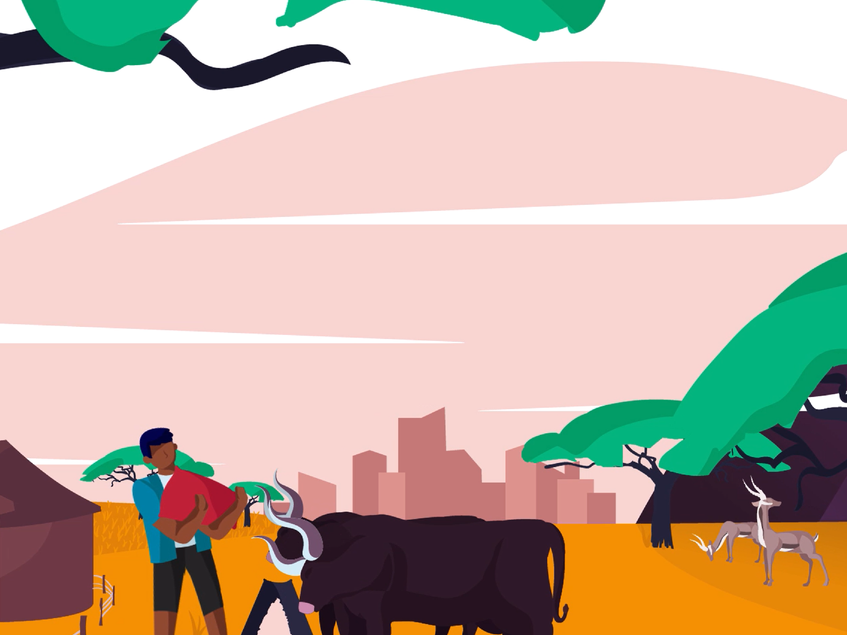 Illustration of man feeding cows