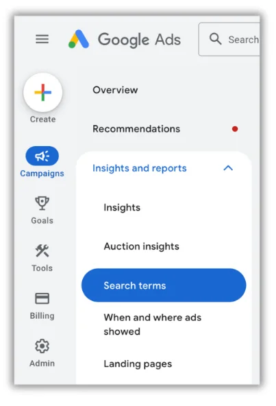 search terms report navigation in google ads platform