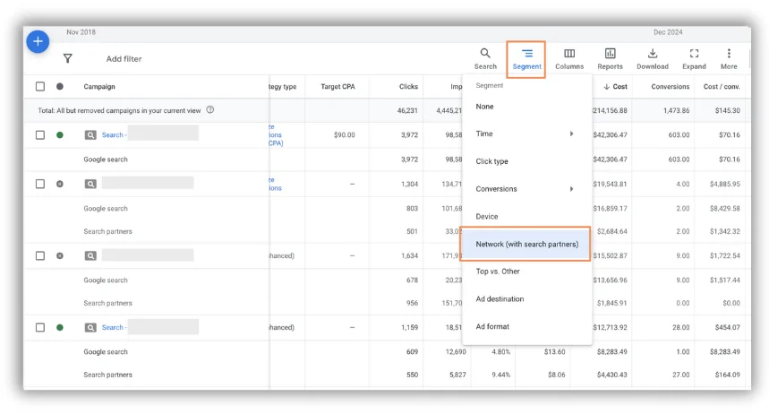 google search partner network report filter