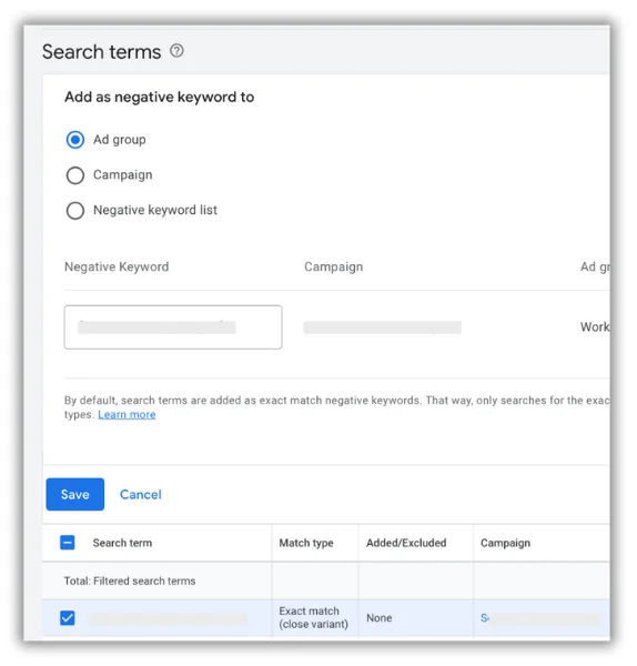 where to add negative keyword in google ads