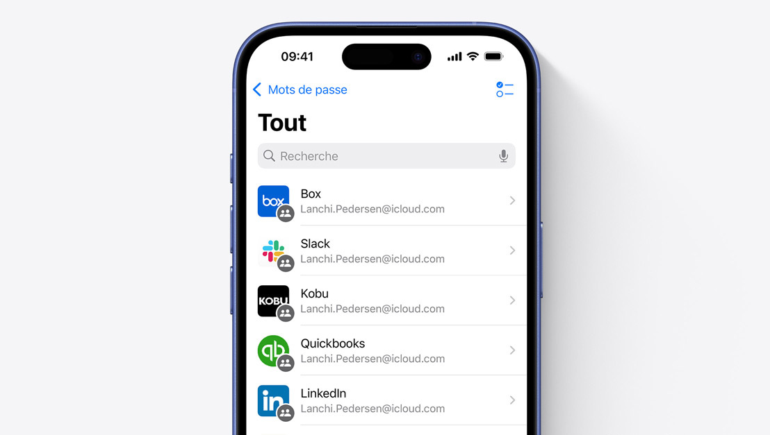 Écran affichant une liste d’apps pour iPhone au sein de l’app Mots de passe.