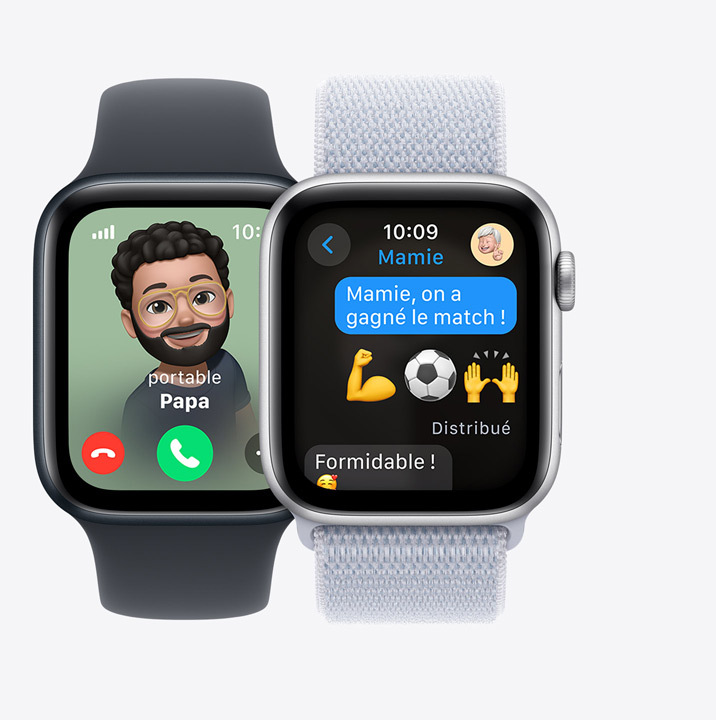 Deux écrans d’Apple Watch SE. Le premier affiche un appel entrant de Papa. Le deuxième affiche un message d’enfant disant « Mamie ! On a gagné le match ! ».