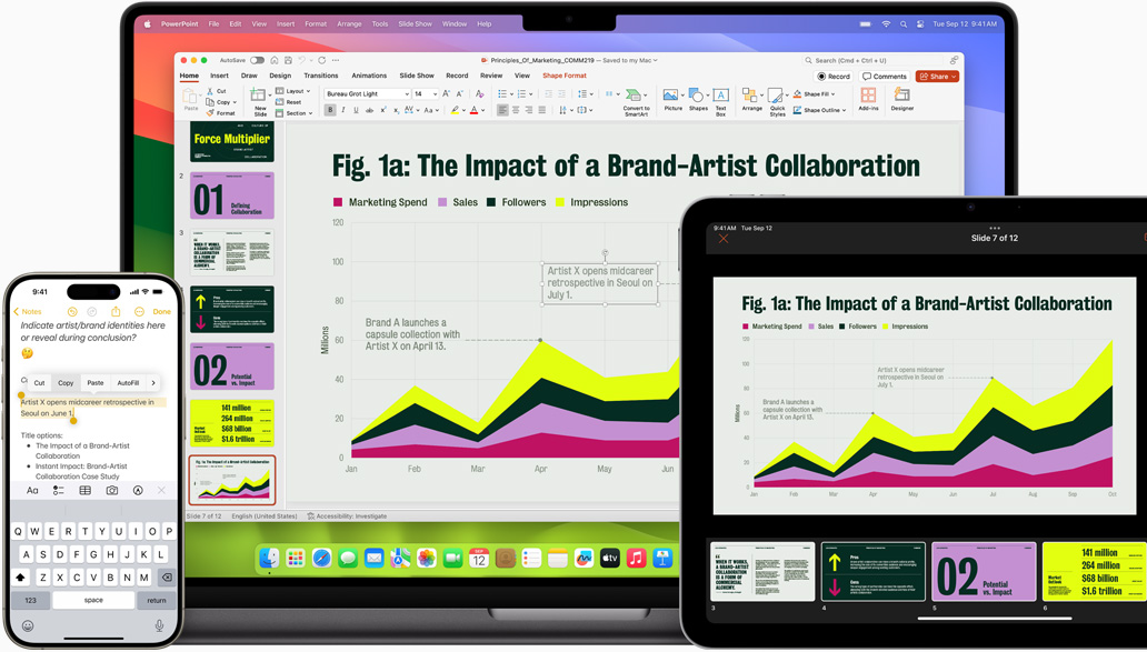 IPhone、MacBook 和 iPad 正展示備忘錄 app 和 Microsoft PowerPoint