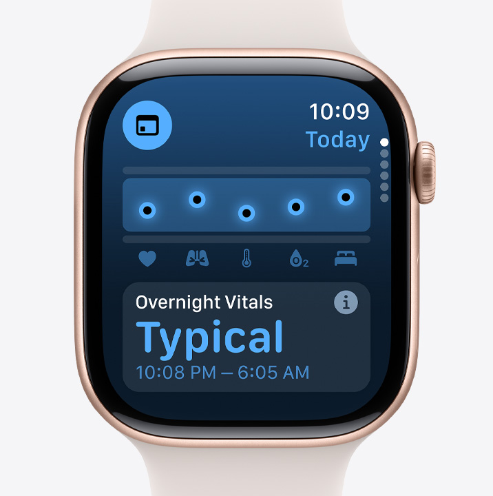 Apple Watch Series 10 的維生指數 app 畫面，顯示夜間健康指標正常。