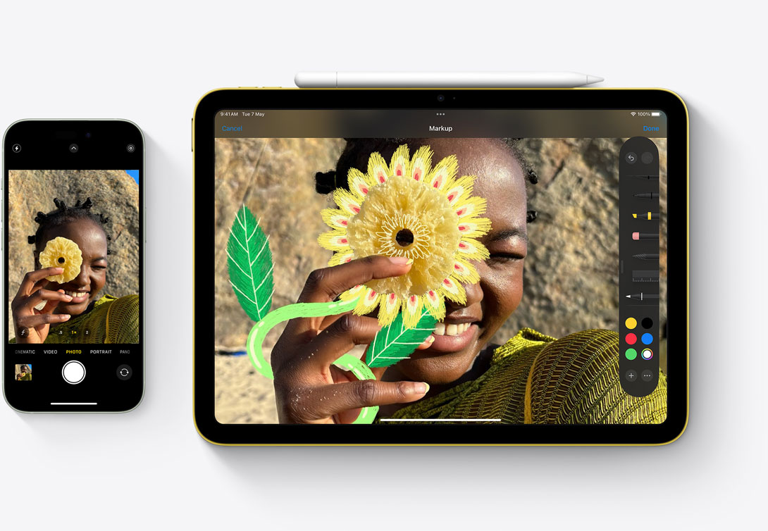 An iPhone 15 and iPad side-by-side highlighting how a photo taken with the camera on iPhone can be marked up in the Photos app on iPad.