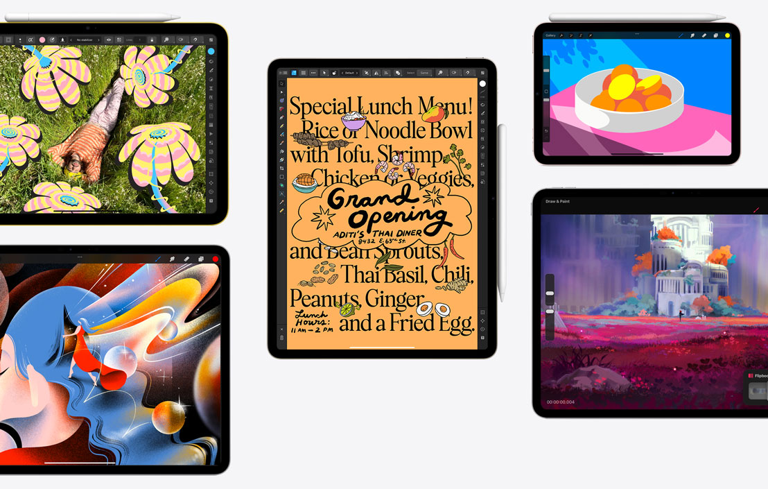 A collection of five different iPads showcasing different apps including Affinity Photo 2, Procreate, Affinity Designer 2, and Procreate Dreams.