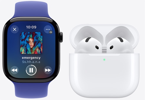 Apple Watch Series 10 playing a song next to AirPods 4.