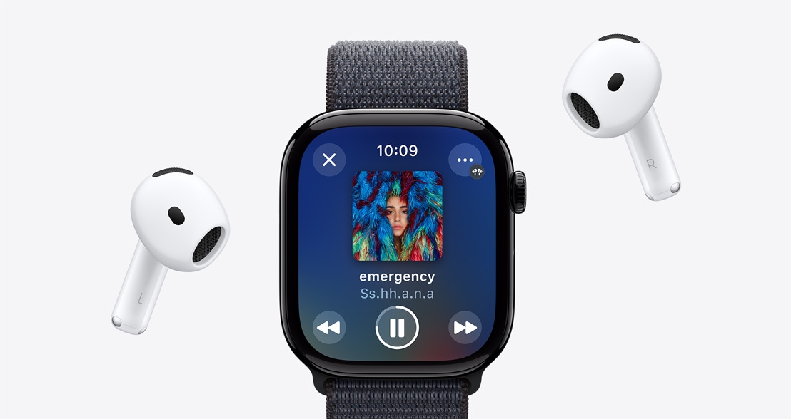 AirPods 4 around an Apple Watch Series 10 with an Apple Music Playlist playing.