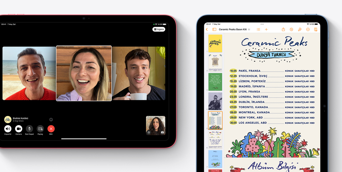Birinde FaceTime görüntülü aramasının diğerinde Pages uygulamasının gösterildiği iki iPad ekranı.