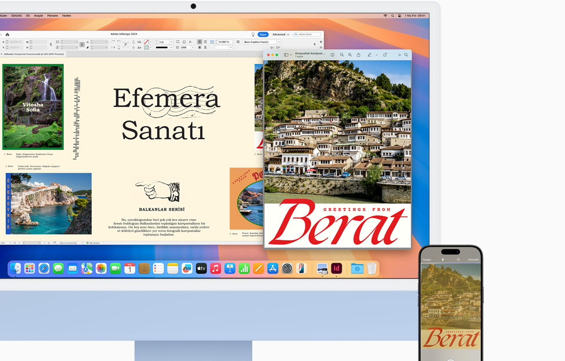 Mavi iMac ve yanında iPhone, Handoff özelliği sayesinde her ikisinde de ekranında aynı resimli belge görünüyor.