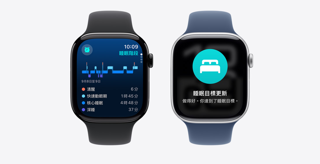 兩隻 Apple Watch Series 10。第一隻的螢幕顯示睡眠階段數據。第二隻則顯示睡眠目標更新通知。