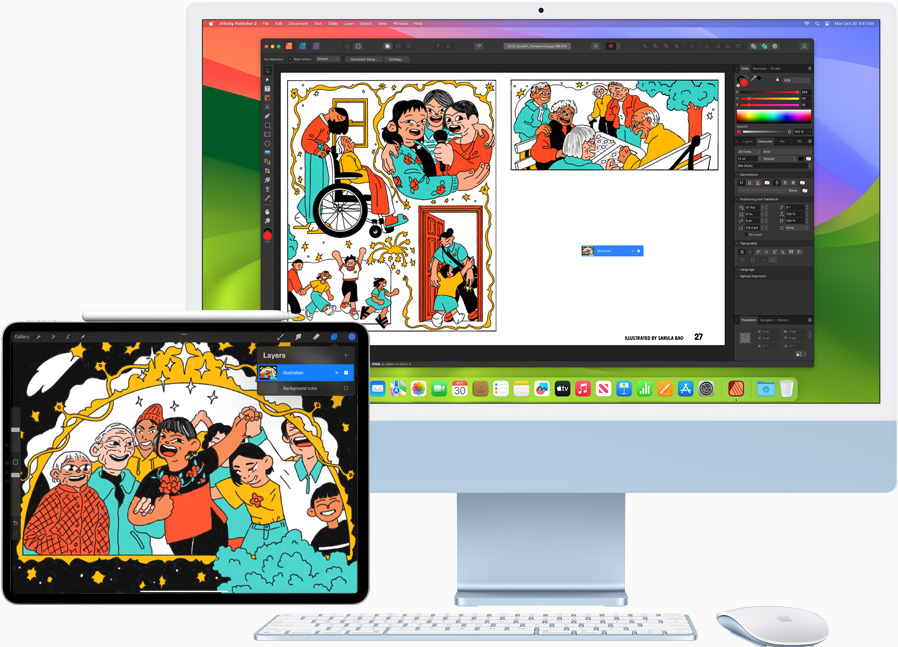 An iPad next to an iMac showing the continuation of a sketch from one screen to the other.