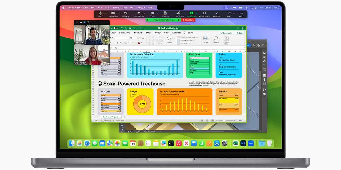 MacBook Pro screen shows FaceTime, Microsoft Excel and Adobe Photoshop.