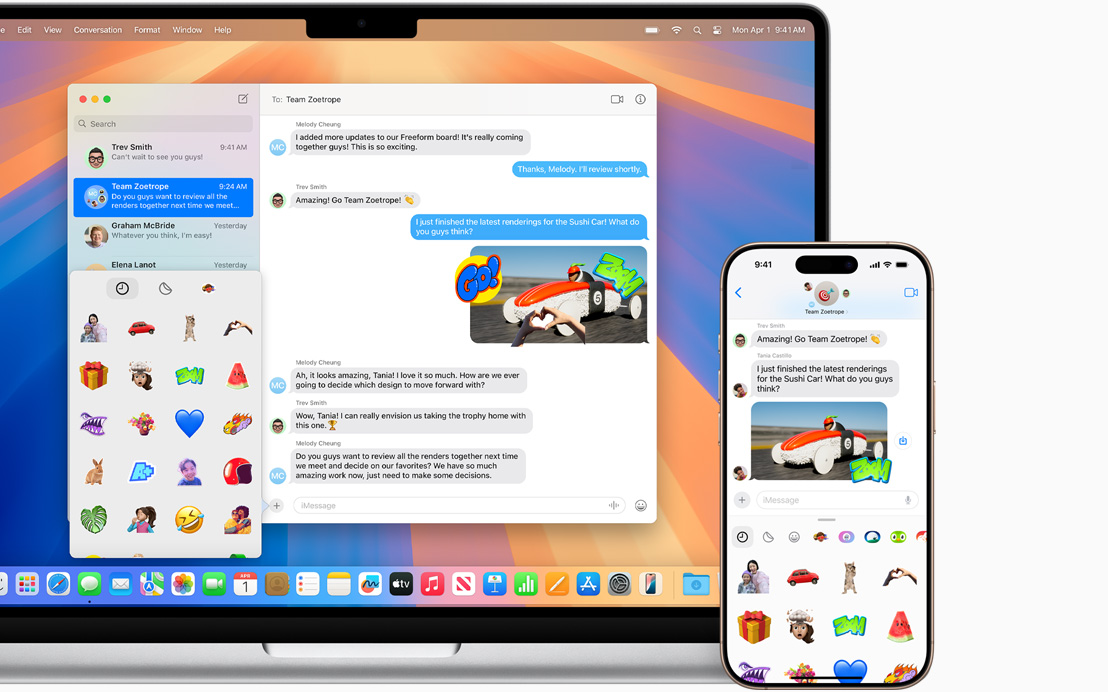 An open Mac laptop with an iPhone next to it demonstrating on both screens the use of the Messages app with the same texts and images on both.